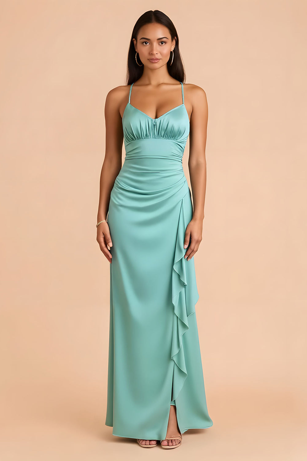 Mint Green Sheath Spaghetti Straps Ruched Maxi Bridesmaid Dress with Ruffles
