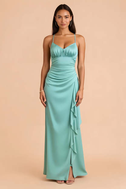 Leely Women Mint Green Chiffon Maxi Bridesmaid Dress with Ruffles Sheath Spaghetti Straps Ruched Criss Cross Back Wedding Guest Dress with Slit