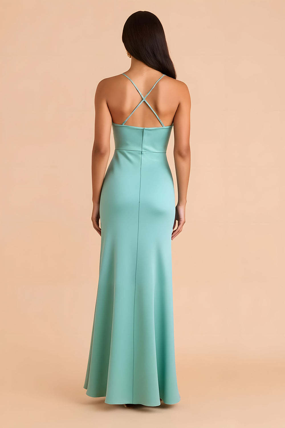 Mint Green Sheath Spaghetti Straps Ruched Maxi Bridesmaid Dress with Ruffles