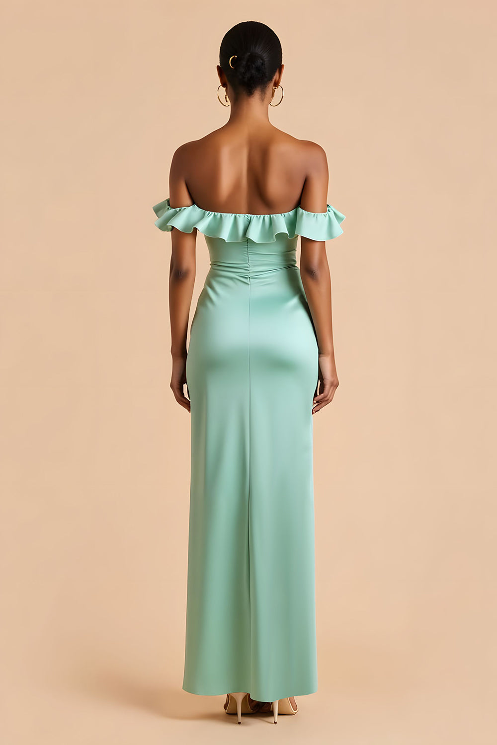 Mint Green Sheath Ruffled Off the Shoulder Long Bridesmaid Dress with Slit