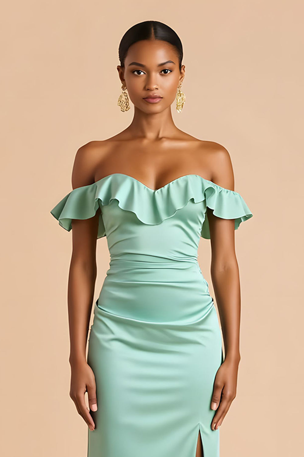 Mint Green Sheath Ruffled Off the Shoulder Long Bridesmaid Dress with Slit