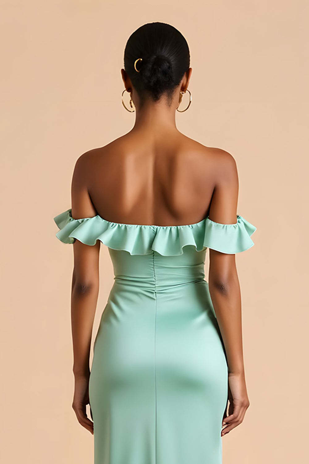 Mint Green Sheath Ruffled Off the Shoulder Long Bridesmaid Dress with Slit