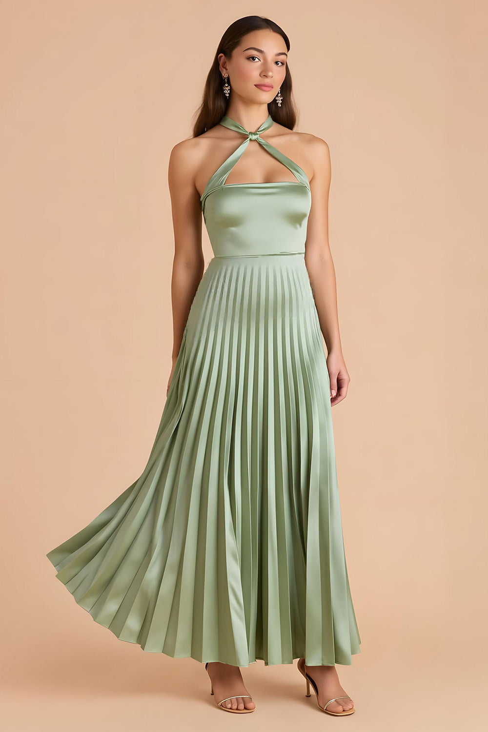 Sage Green Satin A Line Criss Cross Halter Pleated Long Bridesmaid Dress