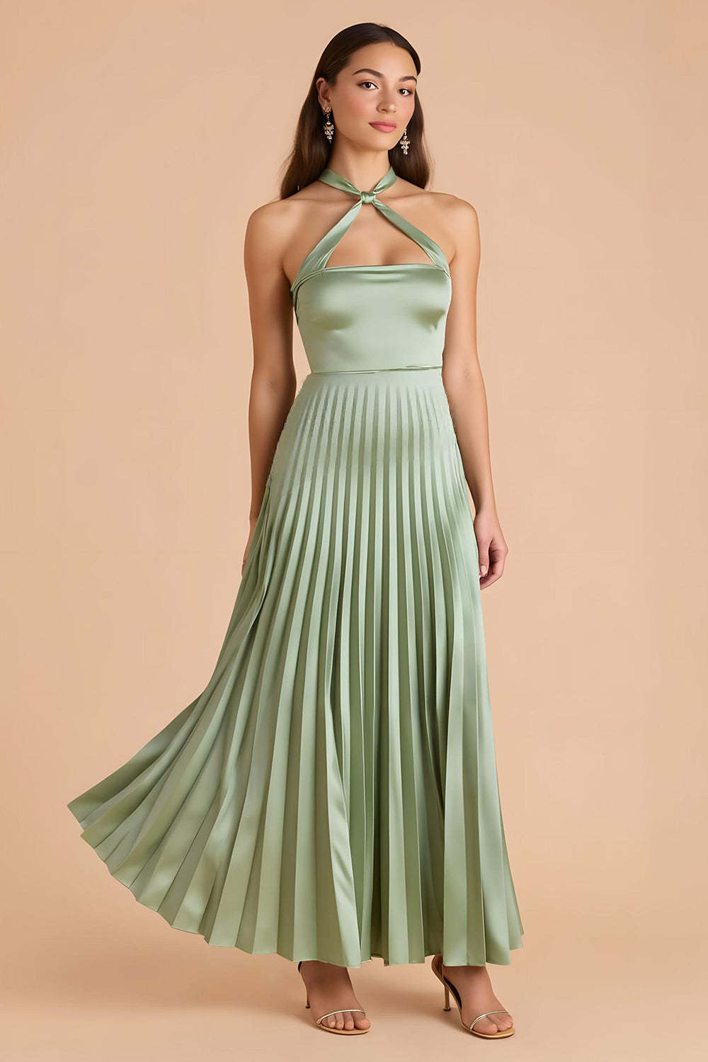 Leely Women Sage Green Satin Maxi Bridesmaid Dress A Line Criss Cross Halter Pleated Backless Wedding Guest Dress