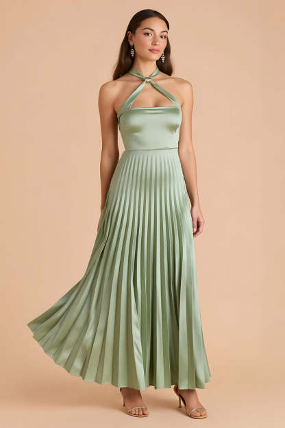 Leely Women Sage Green Satin Maxi Bridesmaid Dress A Line Criss Cross Halter Pleated Backless Wedding Guest Dress