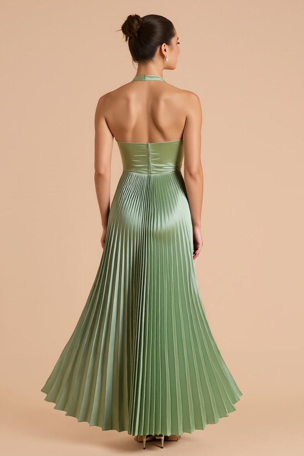 Sage Green Satin A Line Criss Cross Halter Pleated Long Bridesmaid Dress