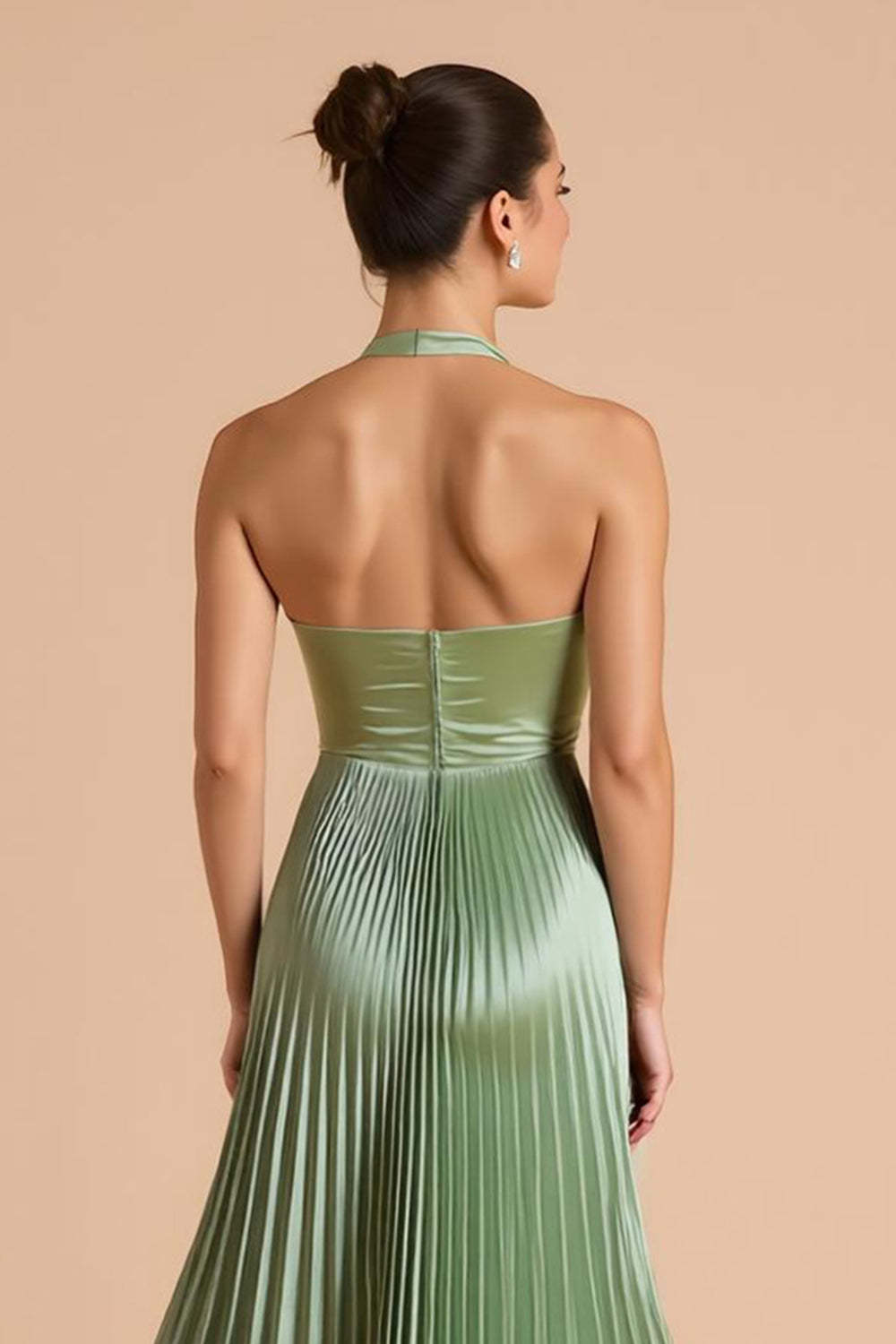 Sage Green Satin A Line Criss Cross Halter Pleated Long Bridesmaid Dress