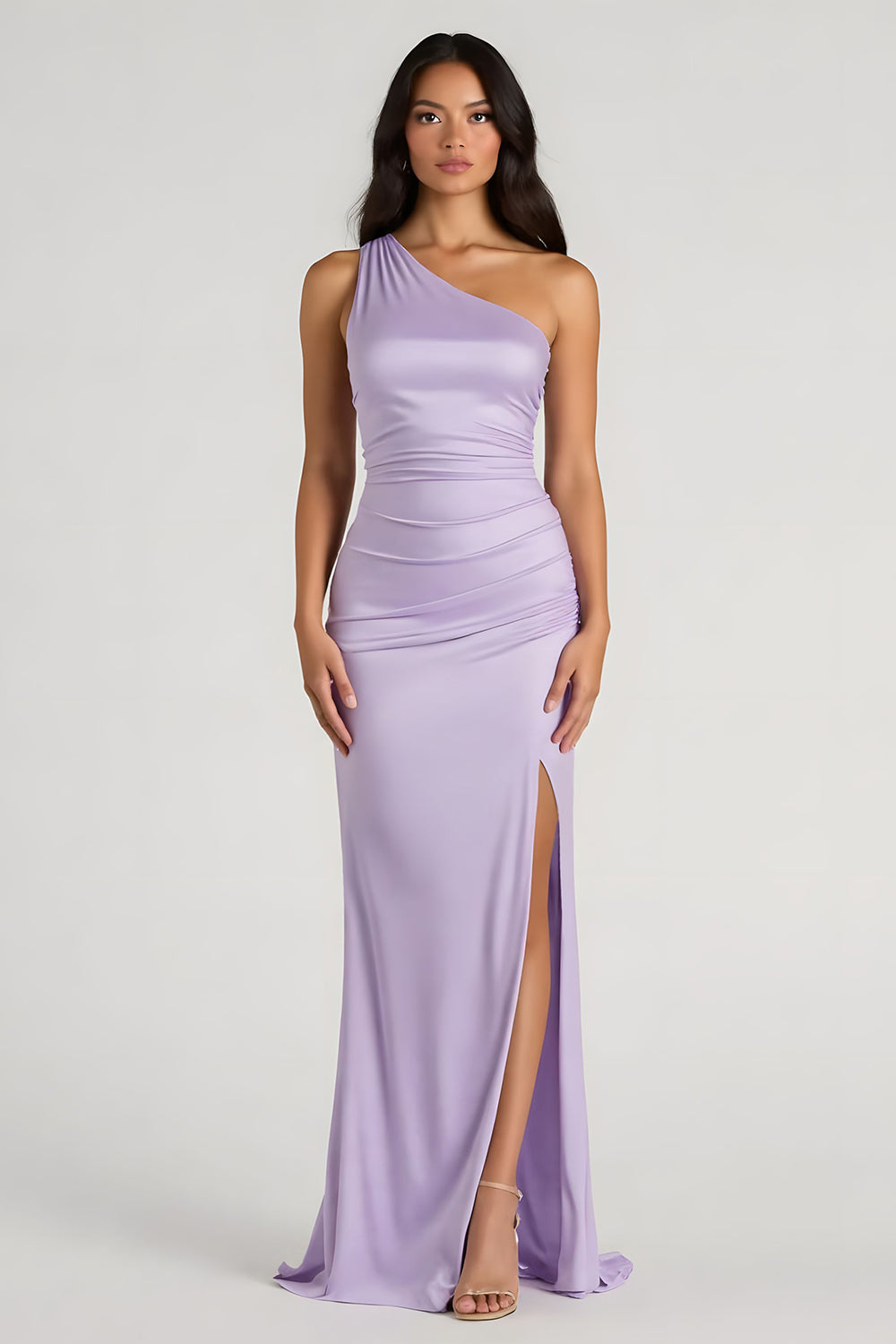 Leely Women Lilac Maxi Sheath Bridesmaid Dress with Slit One Shoulder Ruched Wedding Guest Dress