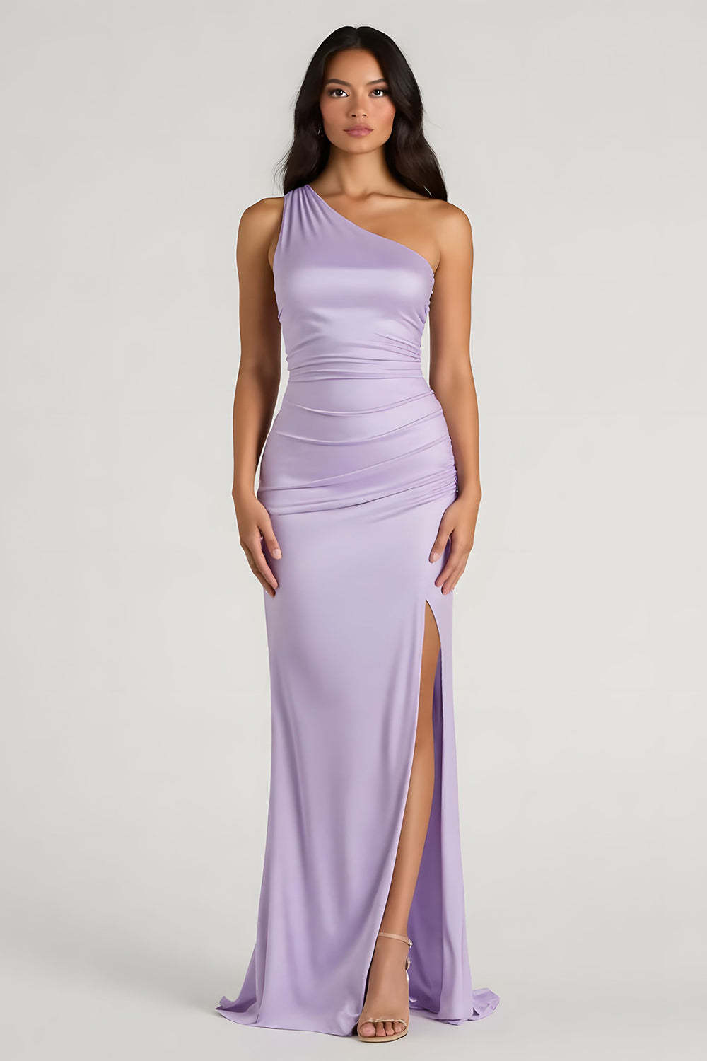 Leely Women Lilac Maxi Sheath Bridesmaid Dress with Slit One Shoulder Ruched Wedding Guest Dress