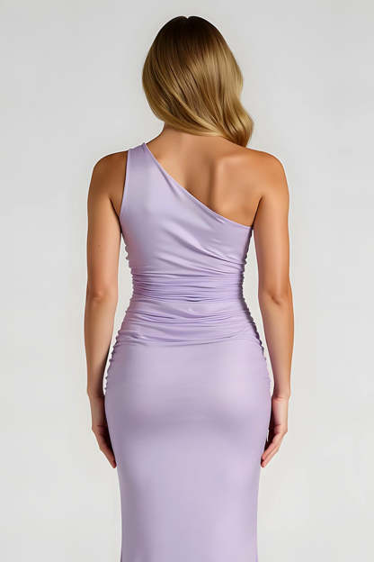 Lilac One Shoulder Sheath Elegant Maxi Bridesmaid Dress with Slit