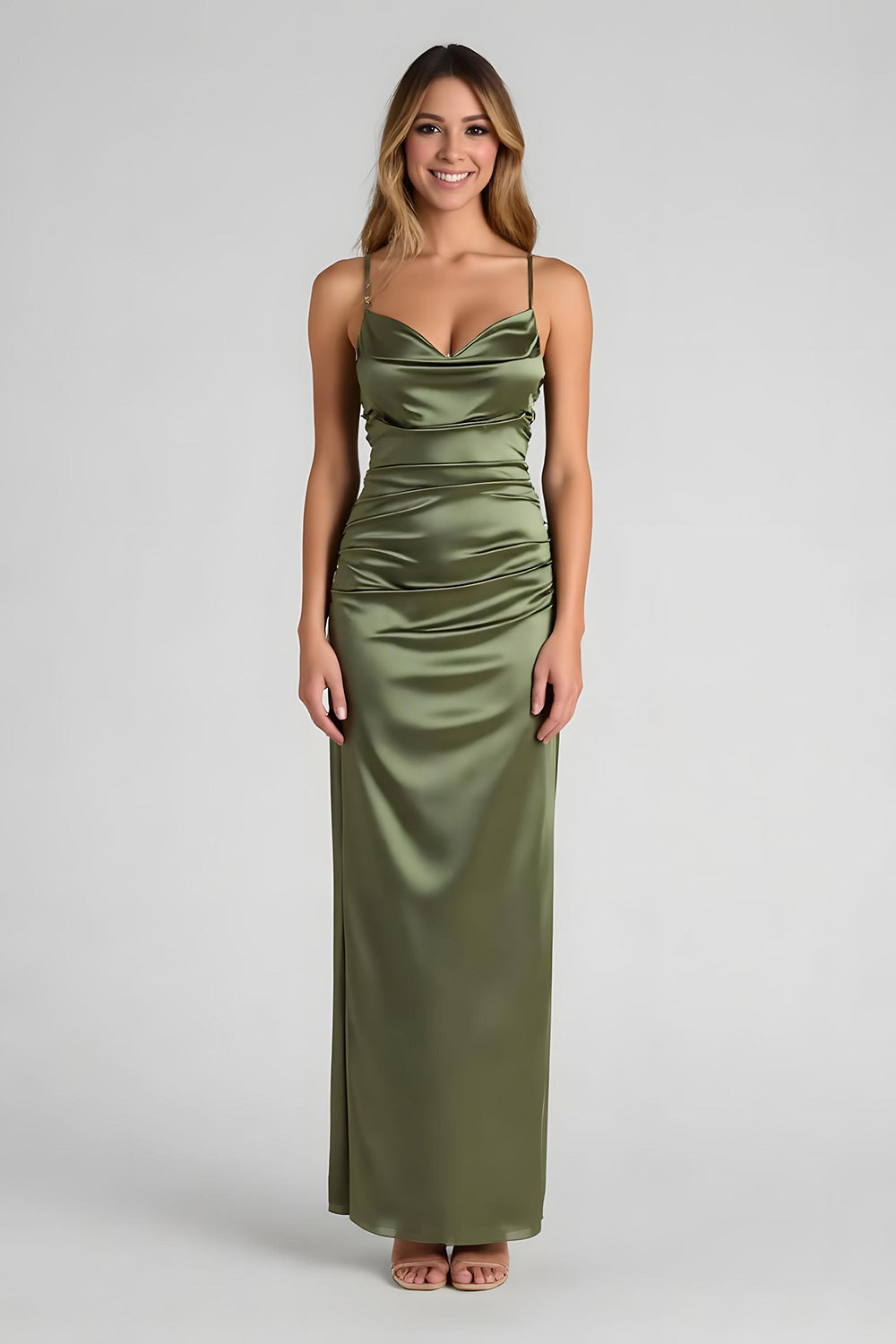 Olive Satin Sheath Spaghetti Straps Long Bridesmaid Dress