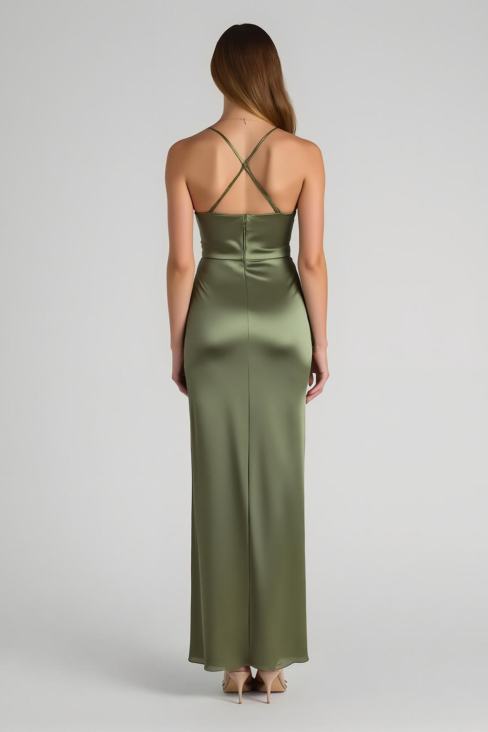 Olive Satin Sheath Spaghetti Straps Long Bridesmaid Dress