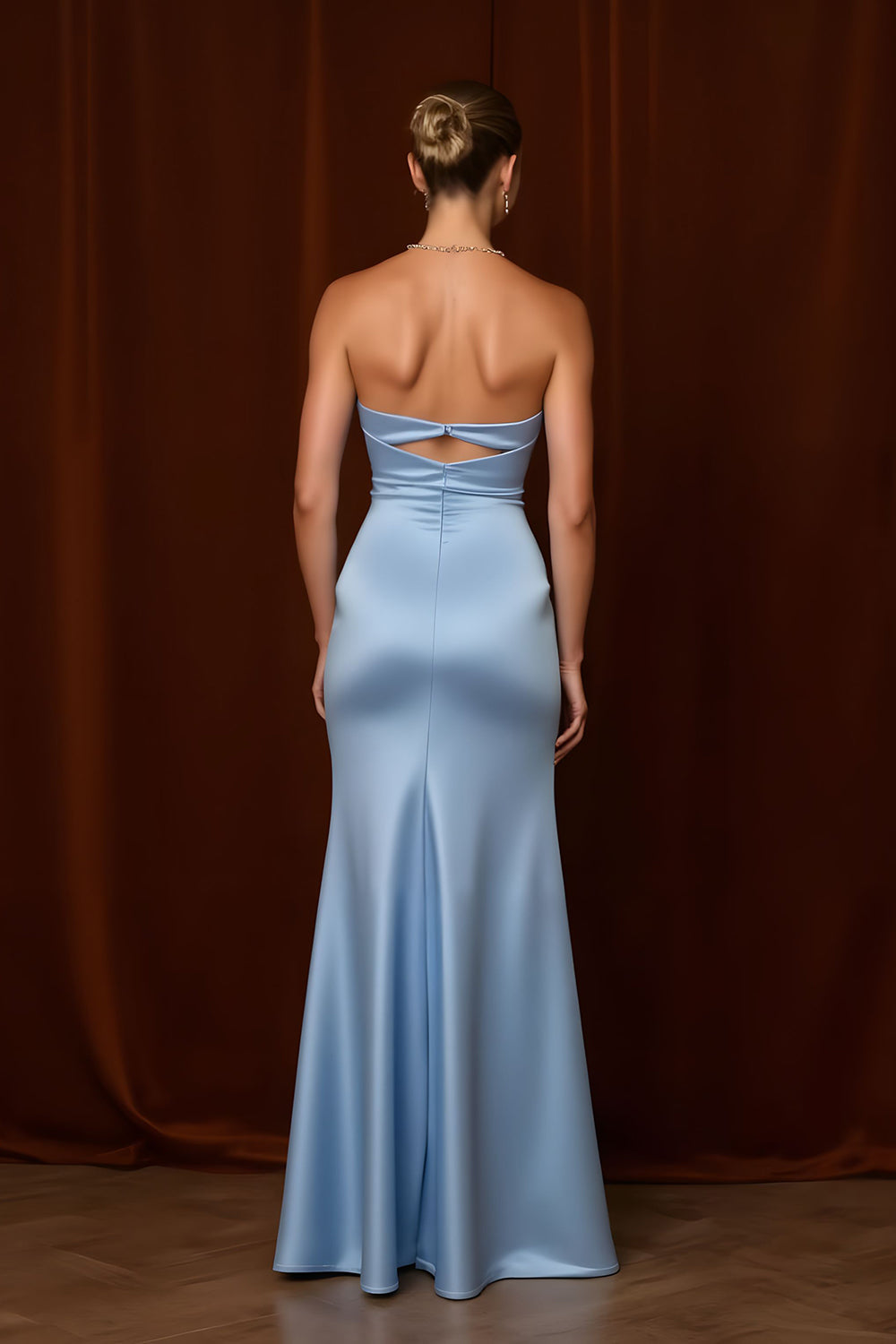 Light Blue Satin Strapless Mermaid Maxi Bridesmaid Dress