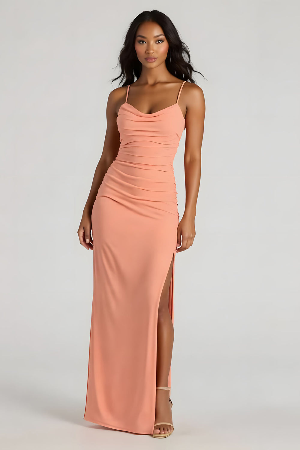 Leely Women Sunset Spandex Maxi Sheath Bridesmaid Dress with Slit Ruched Spaghetti Straps Backless Wedding Guest Dress