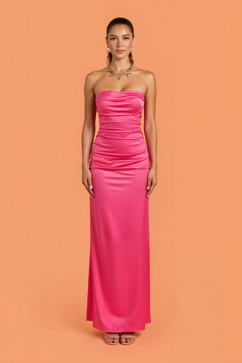 Hot Pink Satin Ruched Strapless Maxi Sheath Bridesmaid Dress