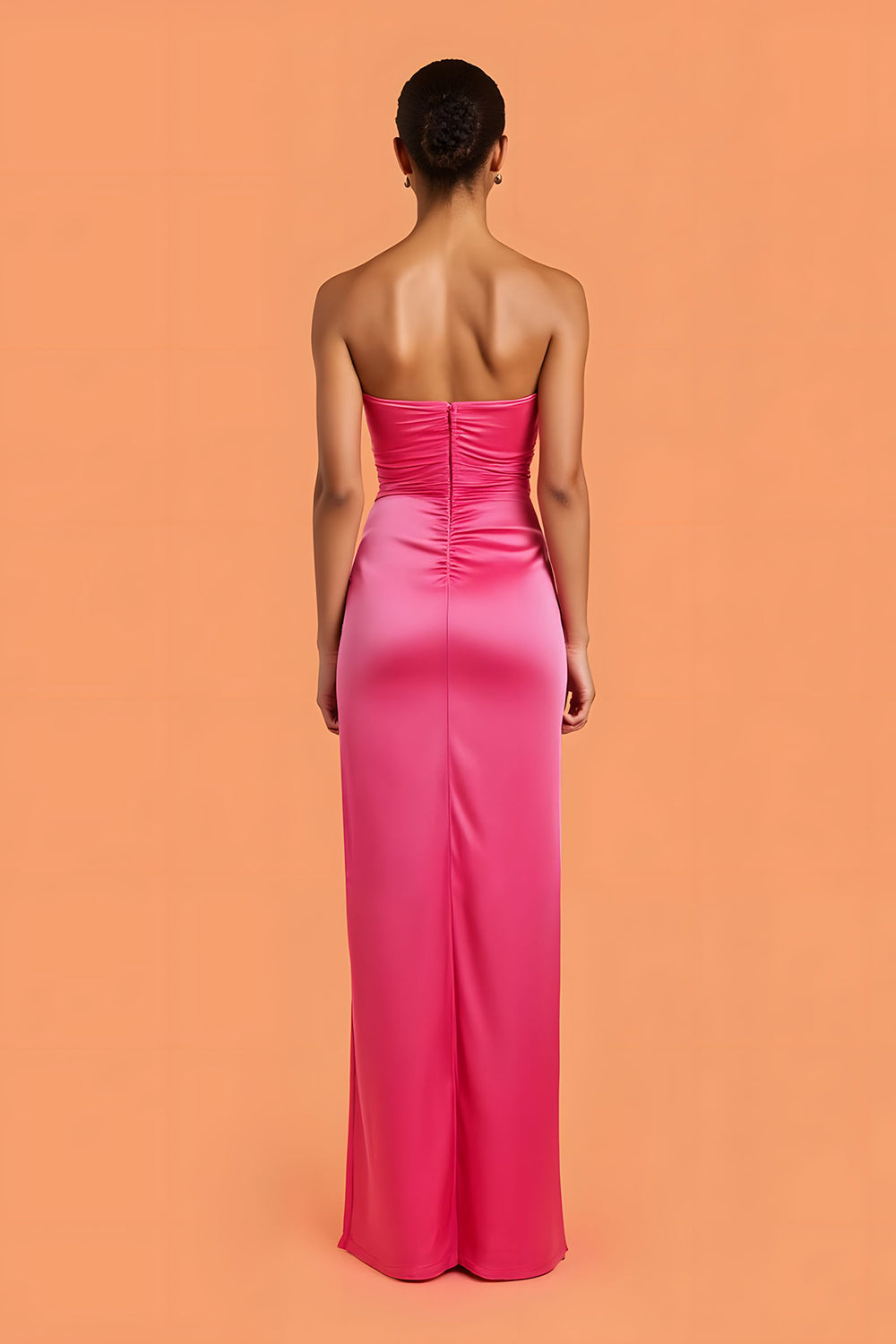 Hot Pink Satin Ruched Strapless Maxi Sheath Bridesmaid Dress