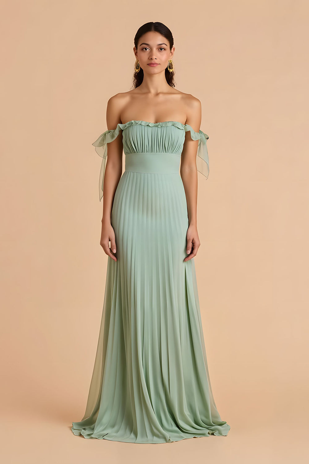 Sage Green A Line Chiffon Maxi Pleated Bridesmaid Dress with Ruffles