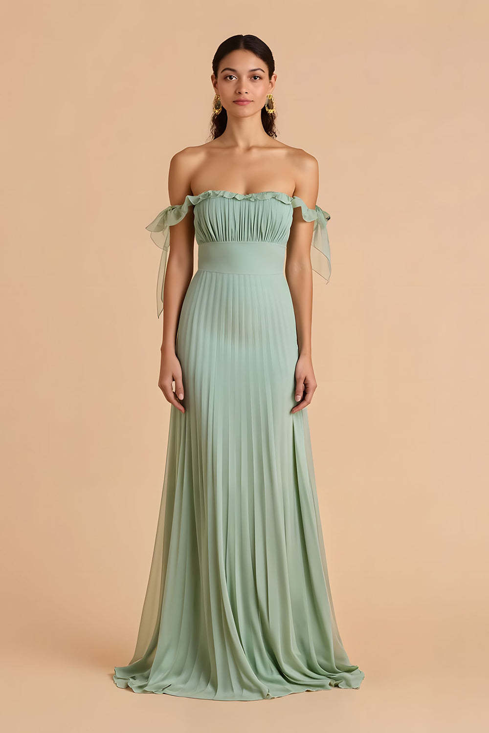 Leely Women Sage Green A Line Maxi Chiffon Bridesmaid Dress with Ruffles Pleated Off The Shoulder Wedding Guest Dress