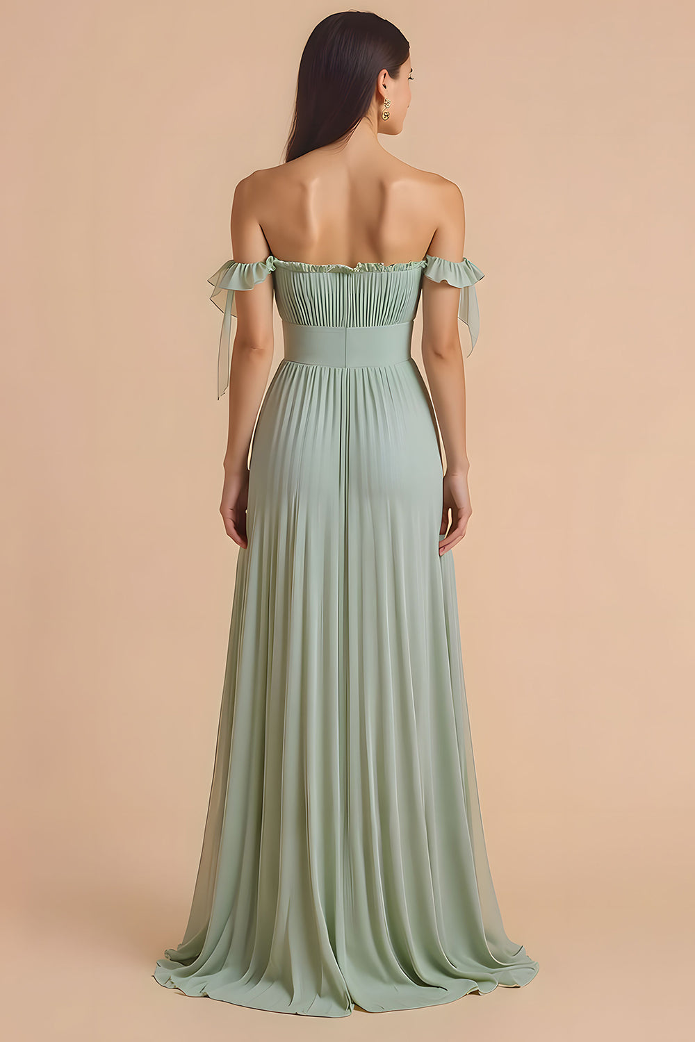 Sage Green A Line Chiffon Maxi Pleated Bridesmaid Dress with Ruffles