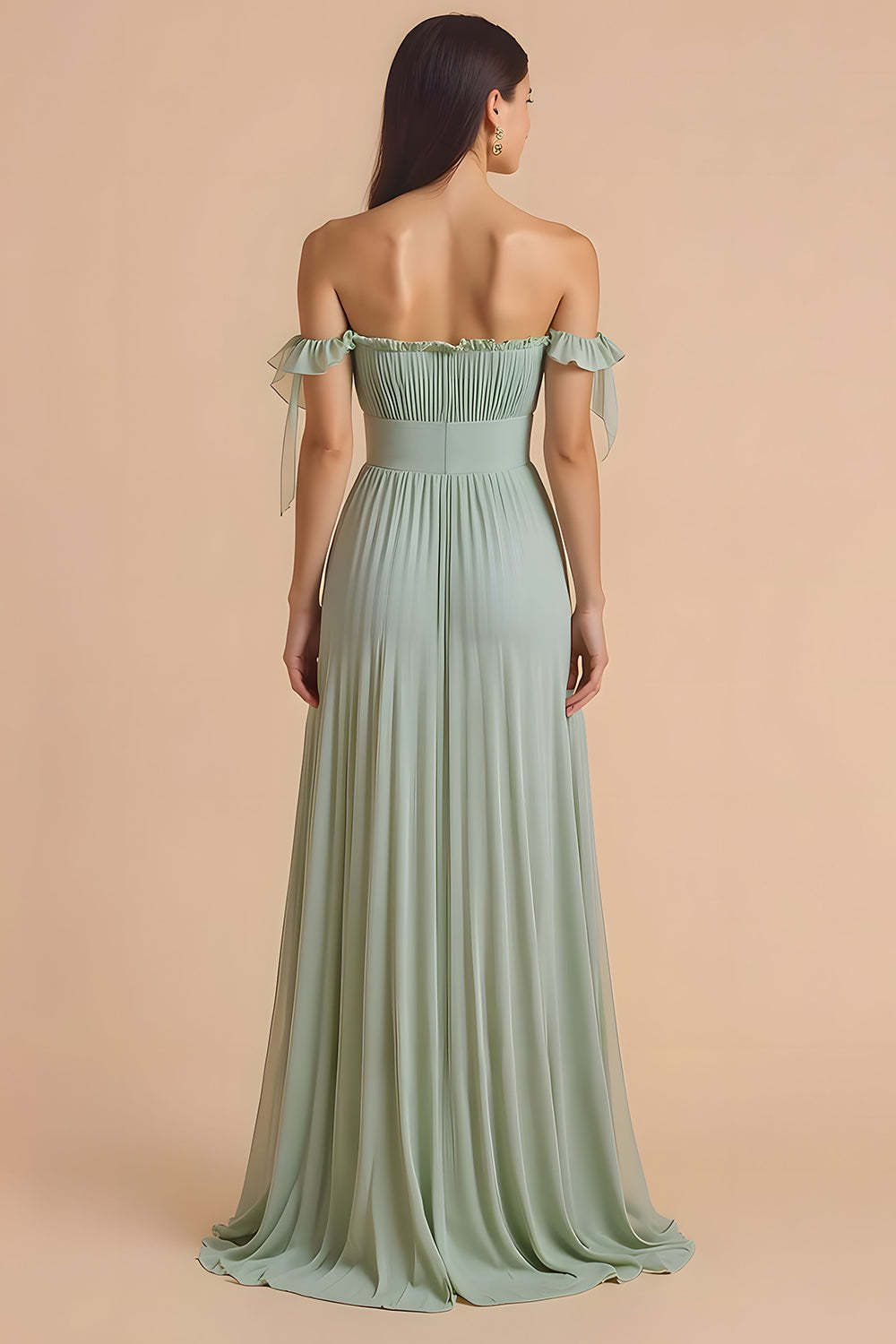 Sage Green A Line Chiffon Maxi Pleated Bridesmaid Dress with Ruffles