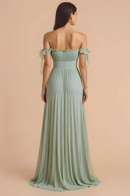 Sage Green A Line Chiffon Maxi Pleated Bridesmaid Dress with Ruffles