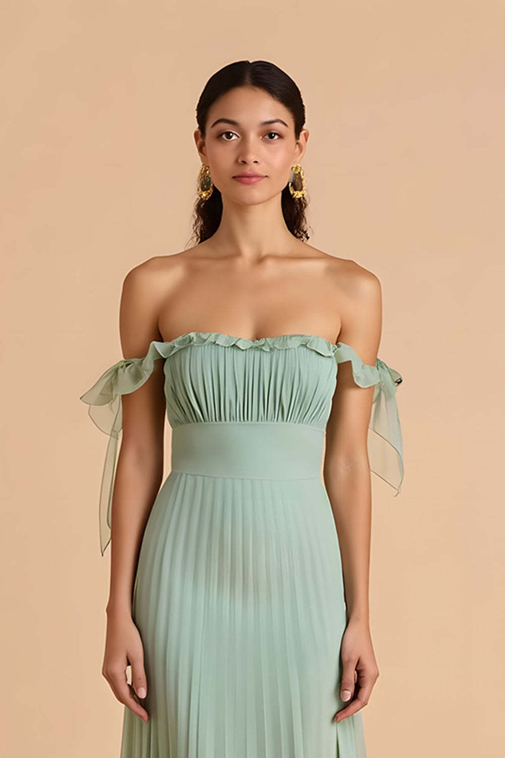 Sage Green A Line Chiffon Maxi Pleated Bridesmaid Dress with Ruffles