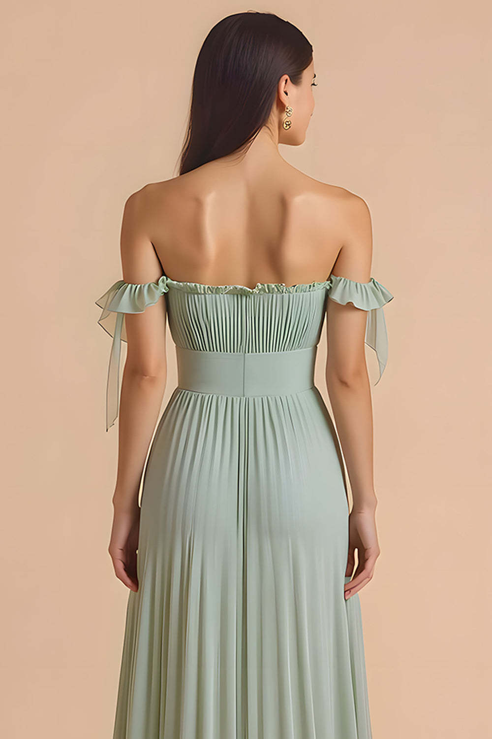 Sage Green A Line Chiffon Maxi Pleated Bridesmaid Dress with Ruffles