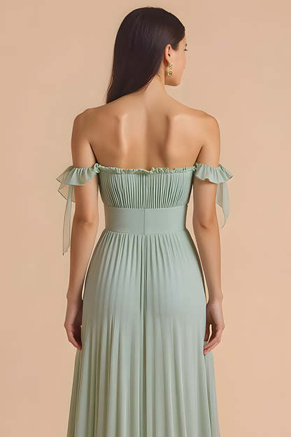 Sage Green A Line Chiffon Maxi Pleated Bridesmaid Dress with Ruffles