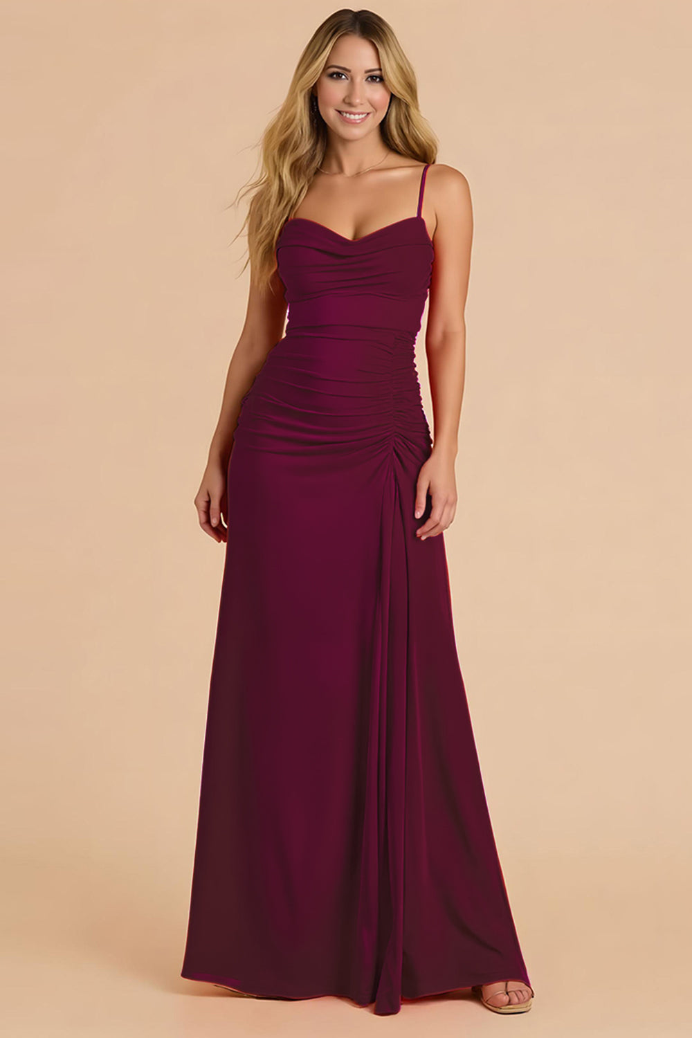 Leely Women Burgundy Ruched Long Bridesmaid Dress A Line Spaghetti Straps Wedding Guest Dress