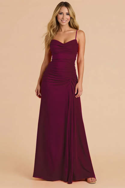 Leely Women Burgundy Ruched Long Bridesmaid Dress A Line Spaghetti Straps Wedding Guest Dress