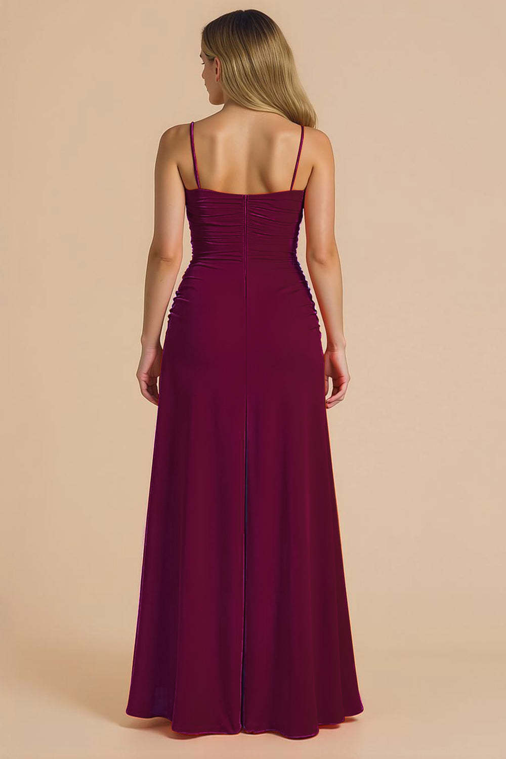 Burgundy Ruched A Line Spaghetti Straps Maxi Bridesmaid Dress