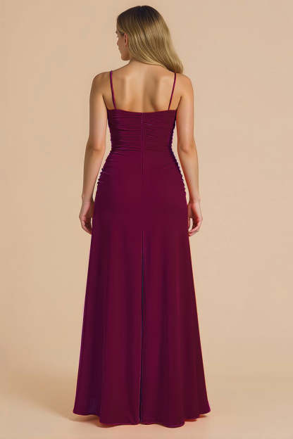 Burgundy Ruched A Line Spaghetti Straps Maxi Bridesmaid Dress