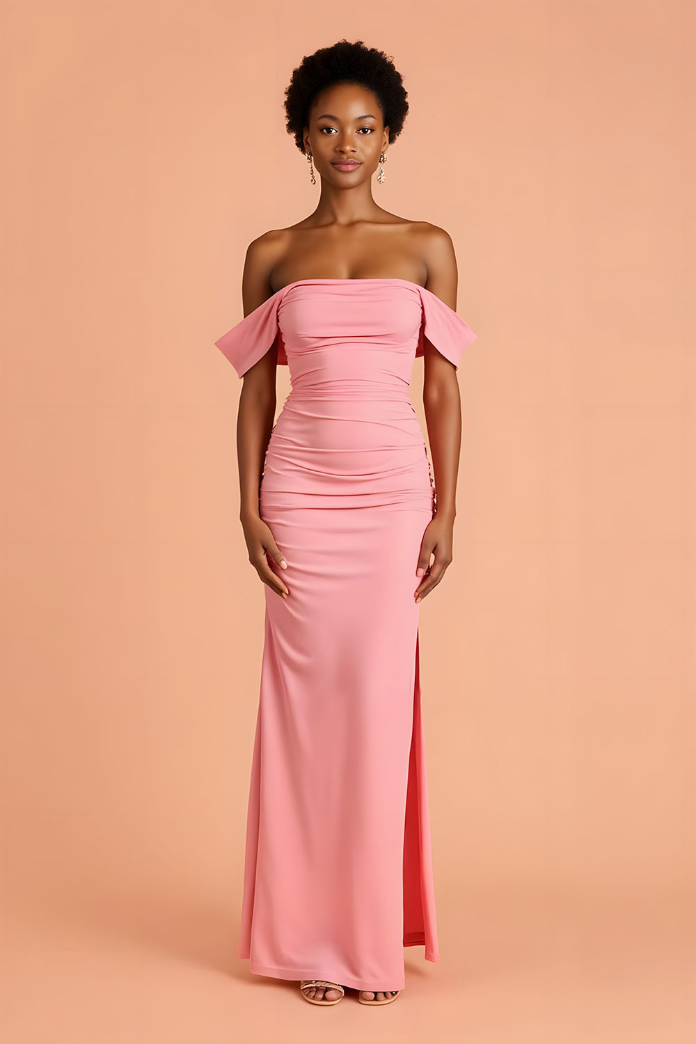 Leely Women Pink Chiffon Maxi Sheath Bridesmaid Dress with Slit Ruched Off the Shoulder Wedding Guest Dress