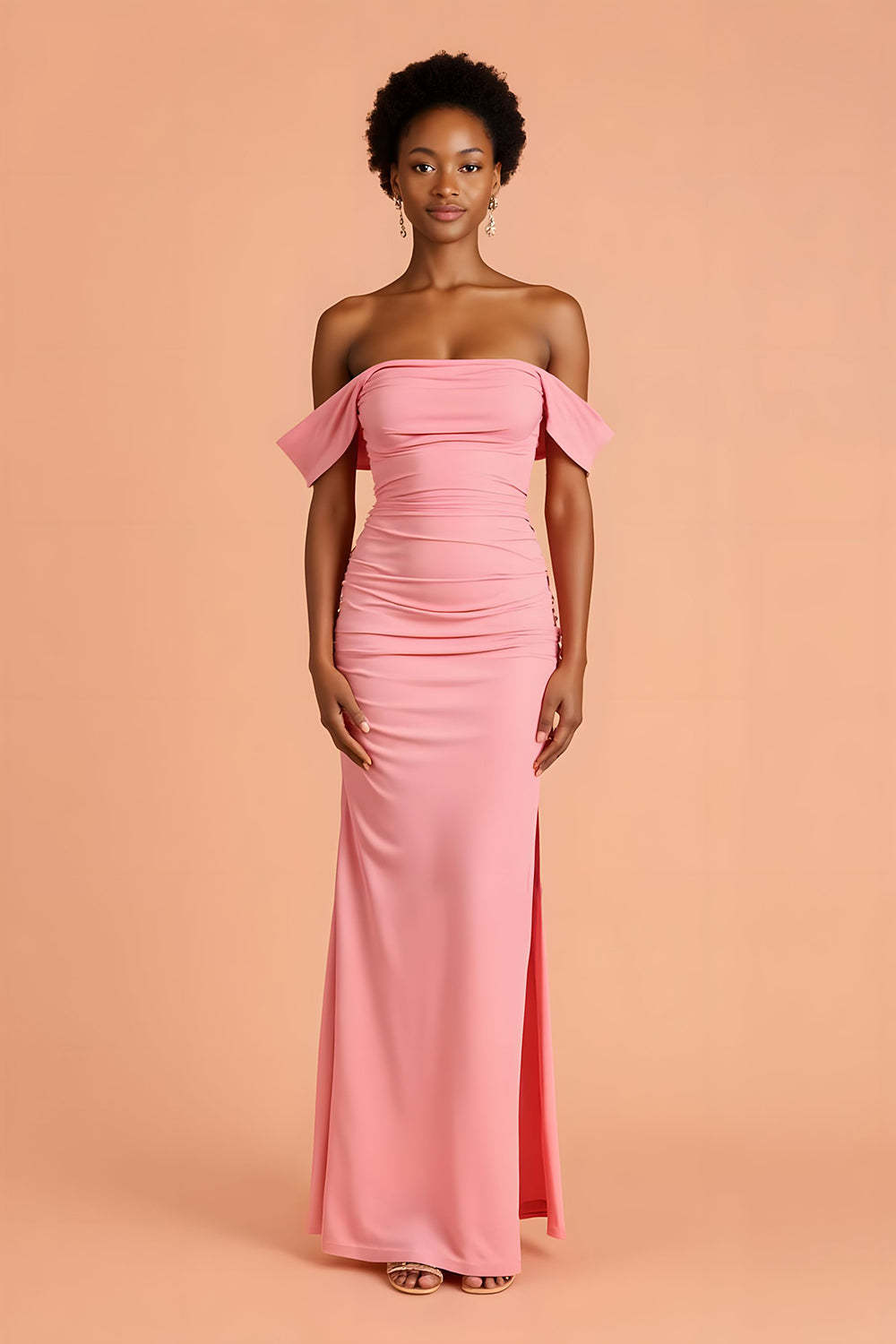 Leely Women Pink Chiffon Maxi Sheath Bridesmaid Dress with Slit Ruched Off the Shoulder Wedding Guest Dress