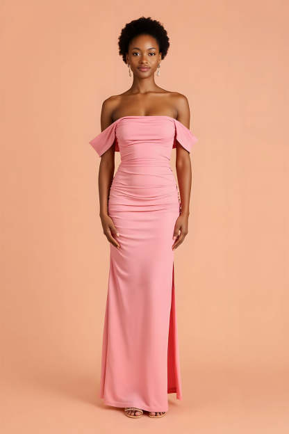 Leely Women Pink Chiffon Maxi Sheath Bridesmaid Dress with Slit Ruched Off the Shoulder Wedding Guest Dress