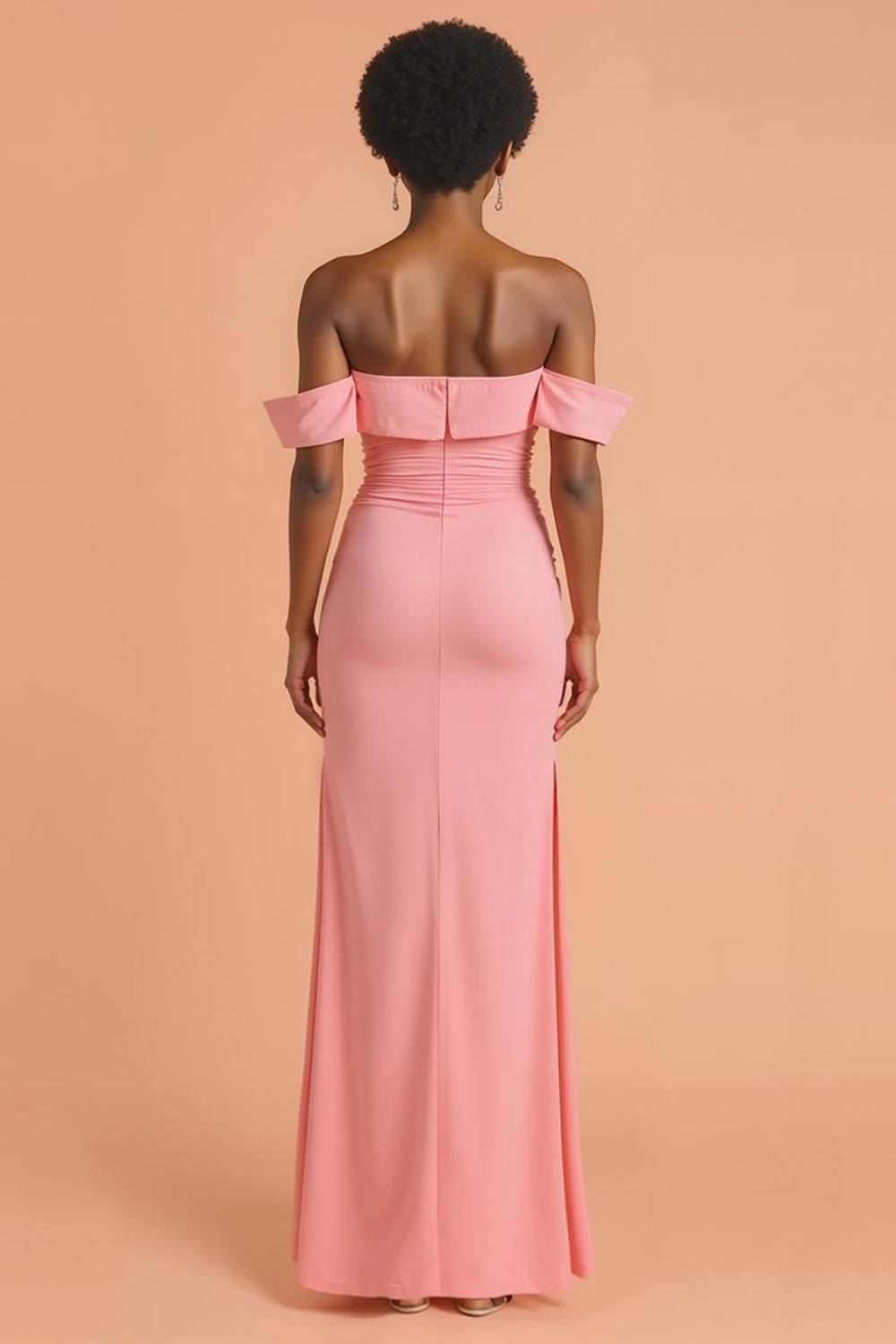 Pink Sheath Off the Shoulder Chiffon Maxi Bridesmaid Dress with Slit