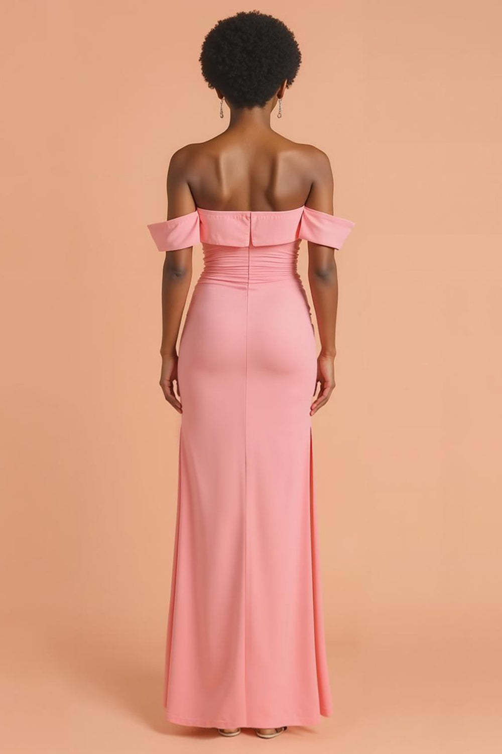 Pink Sheath Off the Shoulder Chiffon Maxi Bridesmaid Dress with Slit