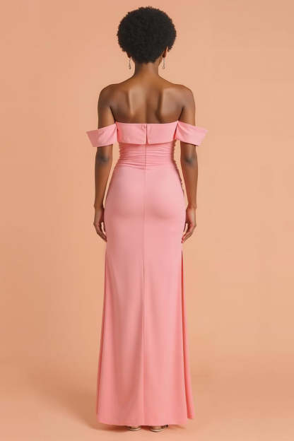 Pink Sheath Off the Shoulder Chiffon Maxi Bridesmaid Dress with Slit