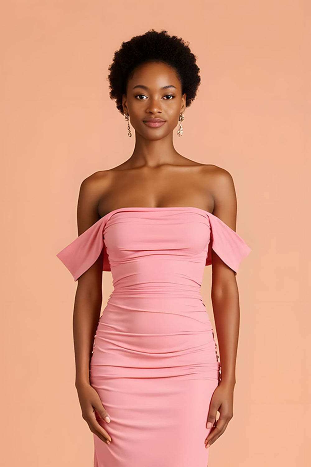 Pink Sheath Off the Shoulder Chiffon Maxi Bridesmaid Dress with Slit
