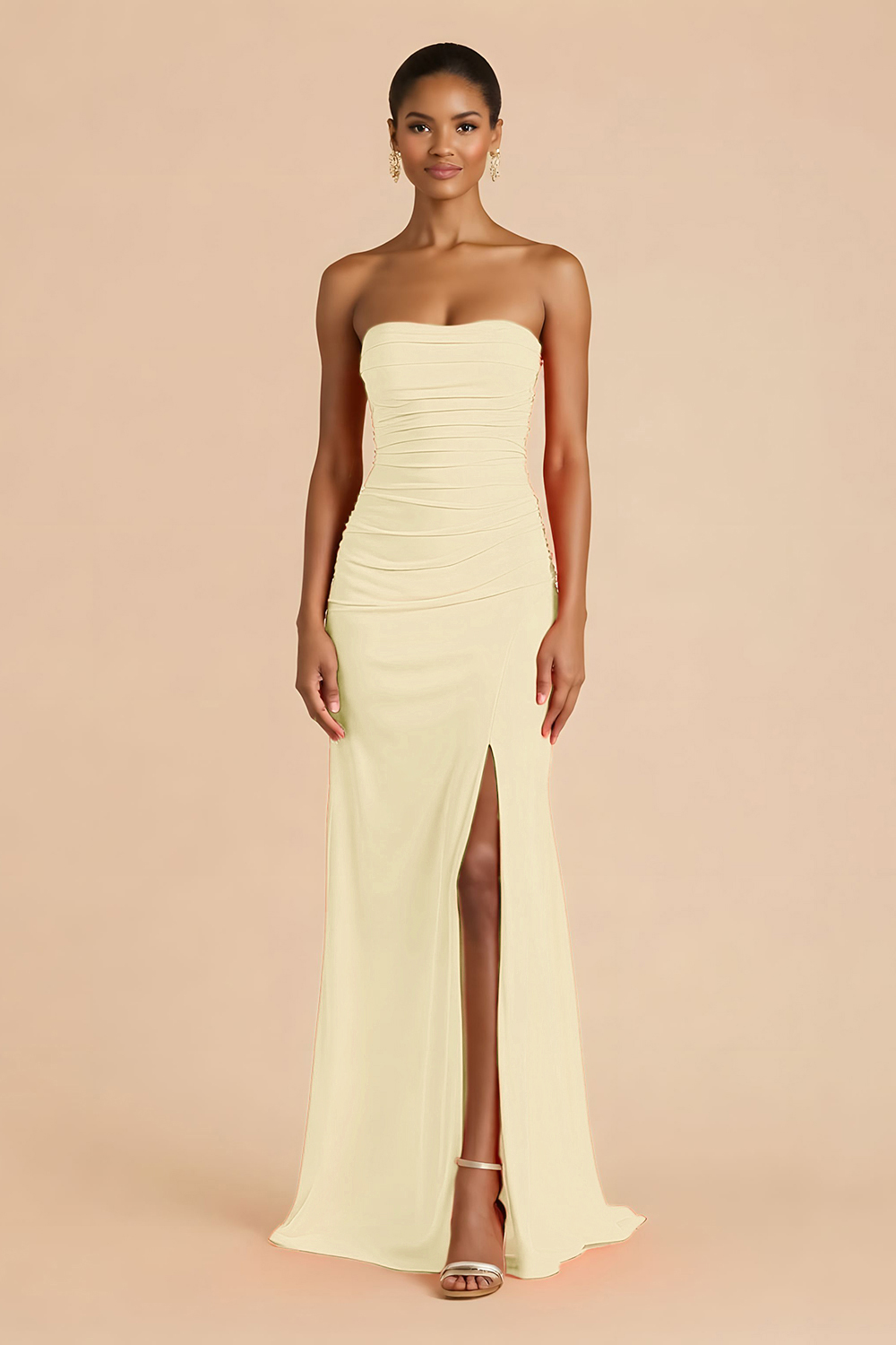 Sheath Chiffon Ruched Strapless Orange Maxi Bridesmaid Dress with Slit