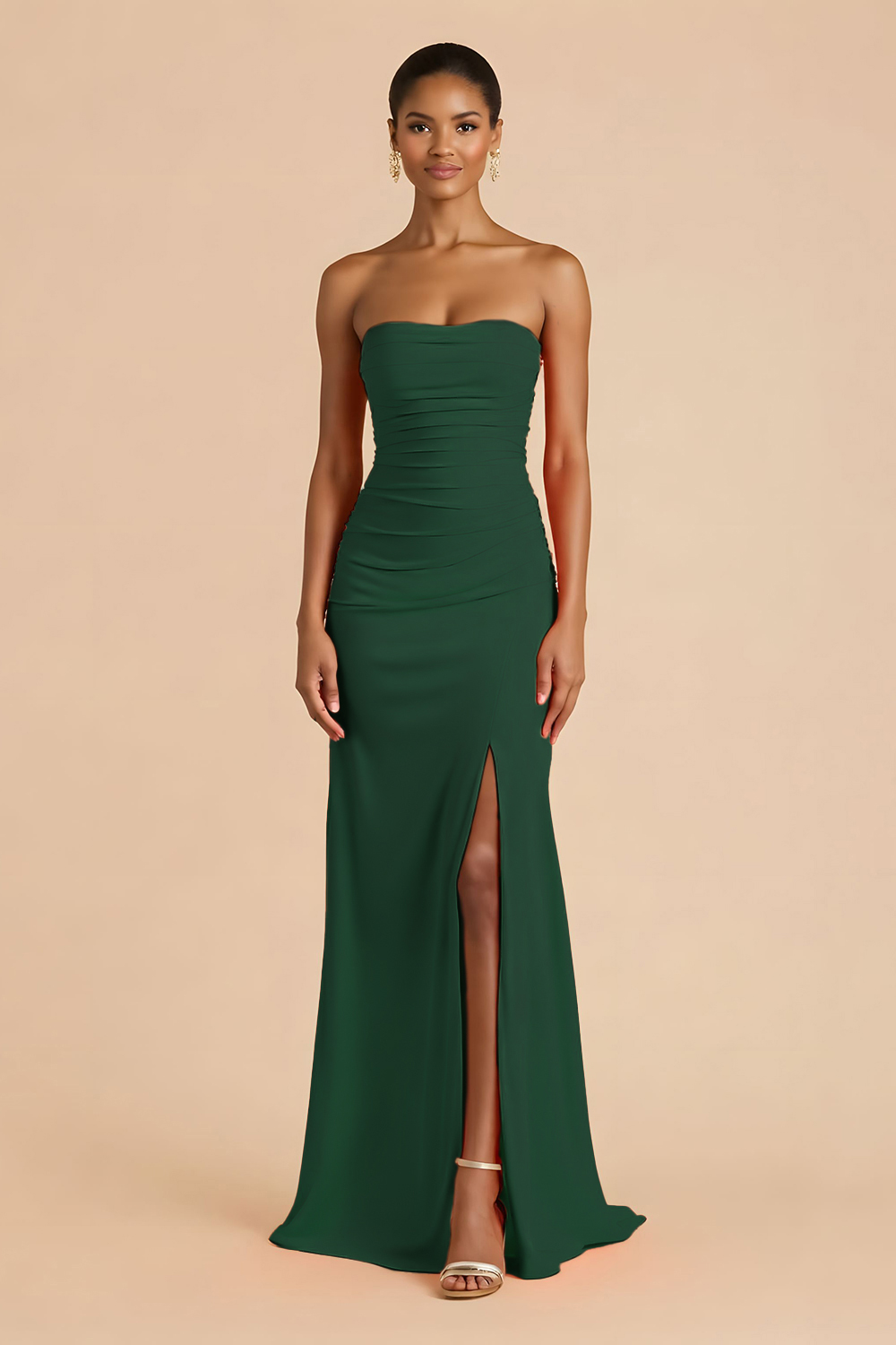 Leely Women Orange Sheath Maxi Bridesmaid Dress with Slit Chiffon Ruched Strapless Wedding Guest Dress