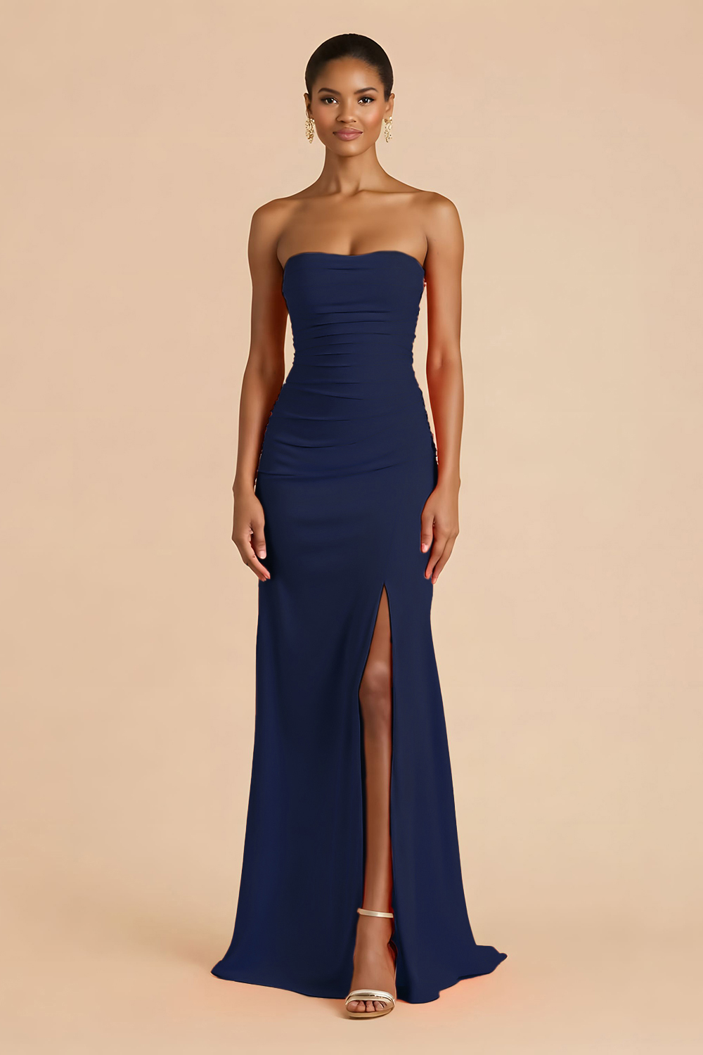 Sheath Chiffon Ruched Strapless Orange Maxi Bridesmaid Dress with Slit