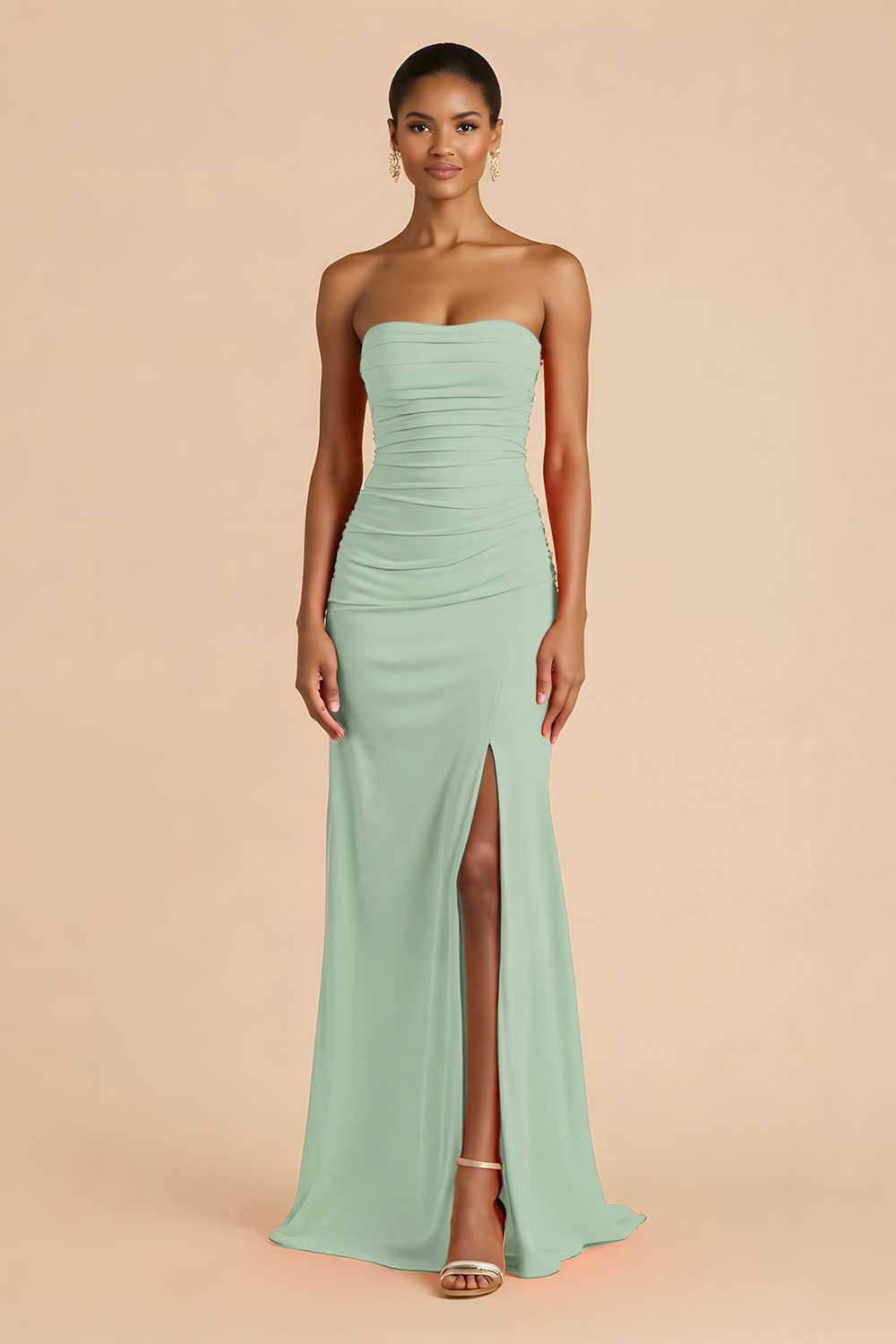 Sheath Chiffon Ruched Strapless Orange Maxi Bridesmaid Dress with Slit