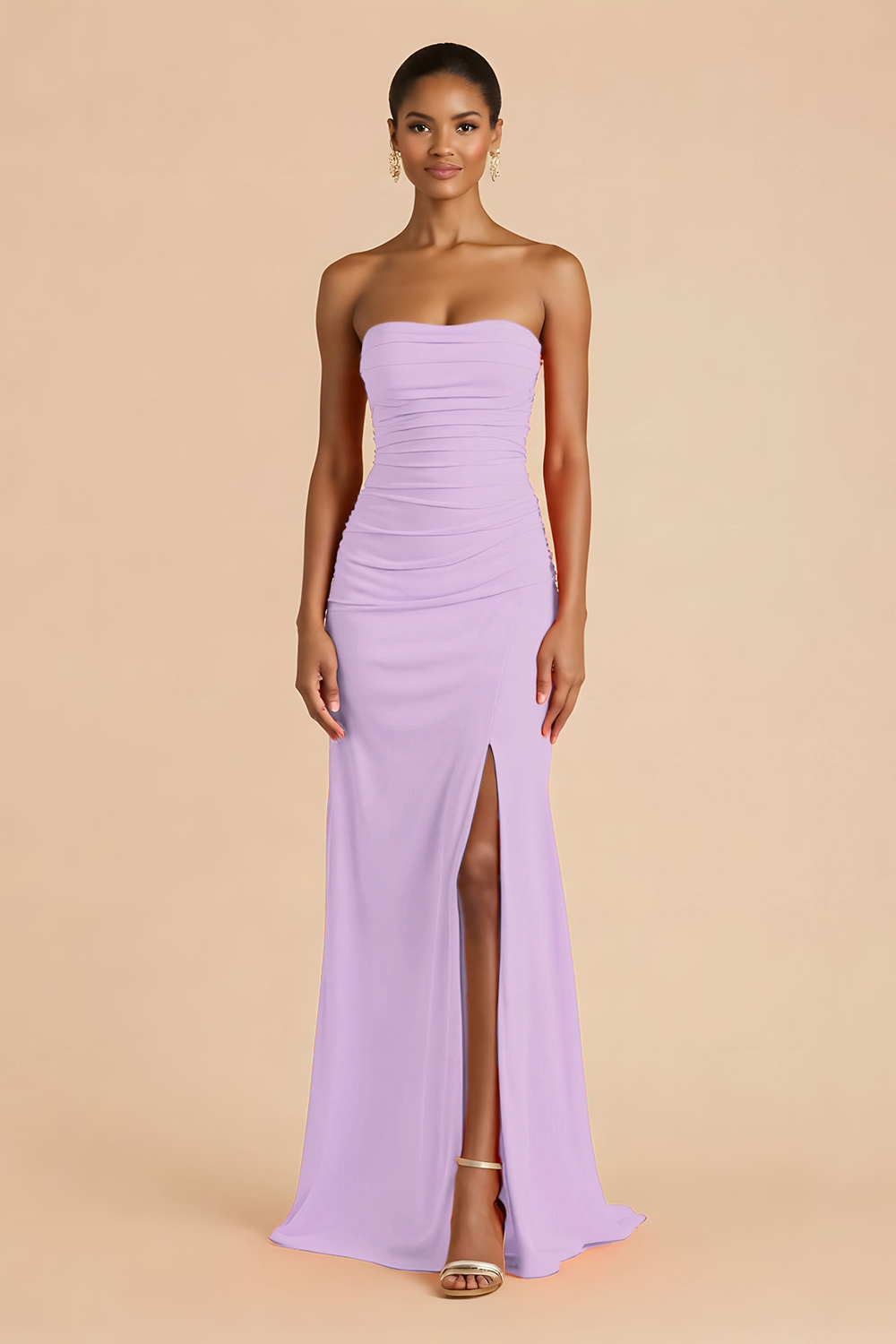 Sheath Chiffon Ruched Strapless Orange Maxi Bridesmaid Dress with Slit
