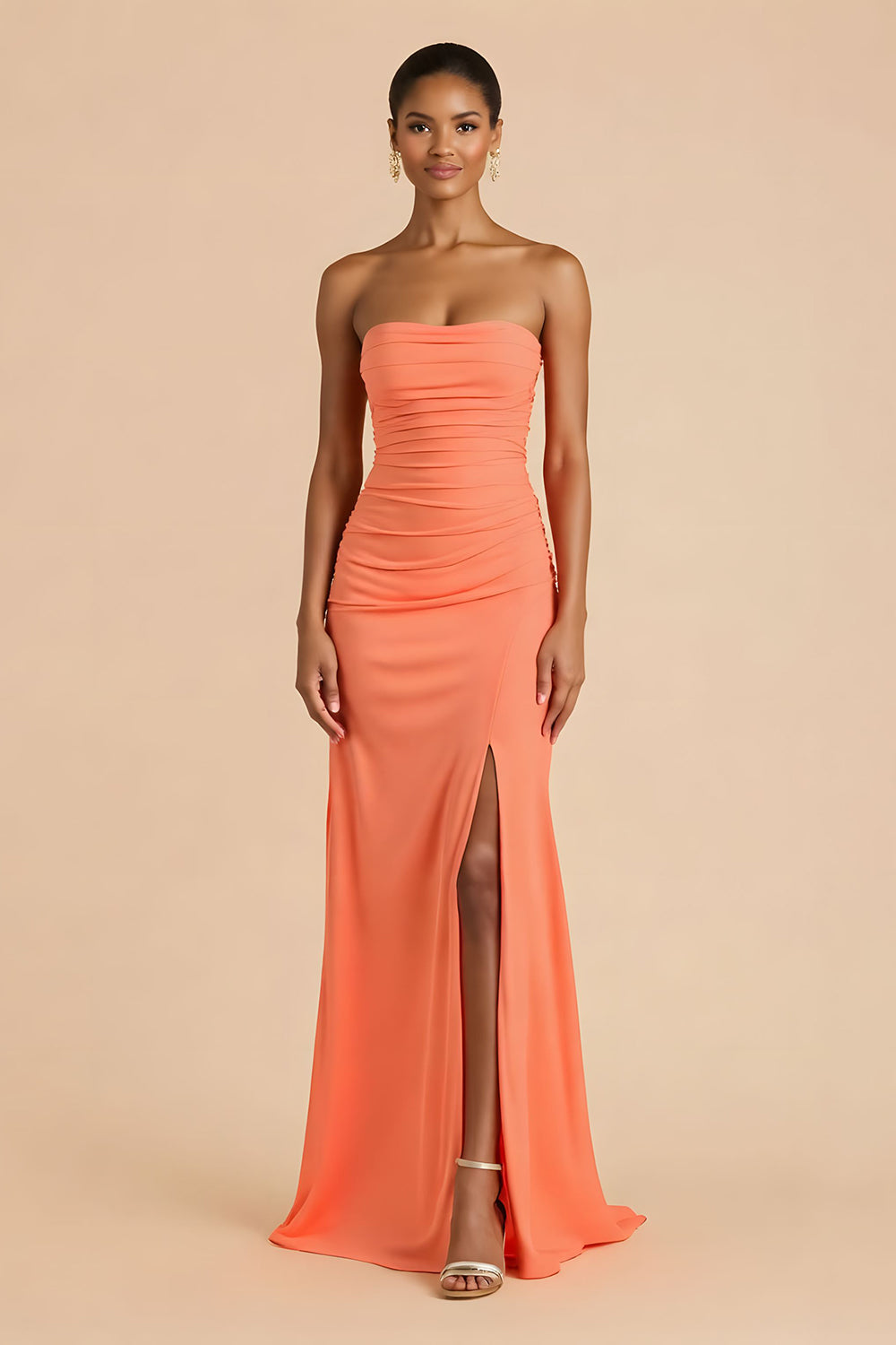 Sheath Chiffon Ruched Strapless Orange Maxi Bridesmaid Dress with Slit