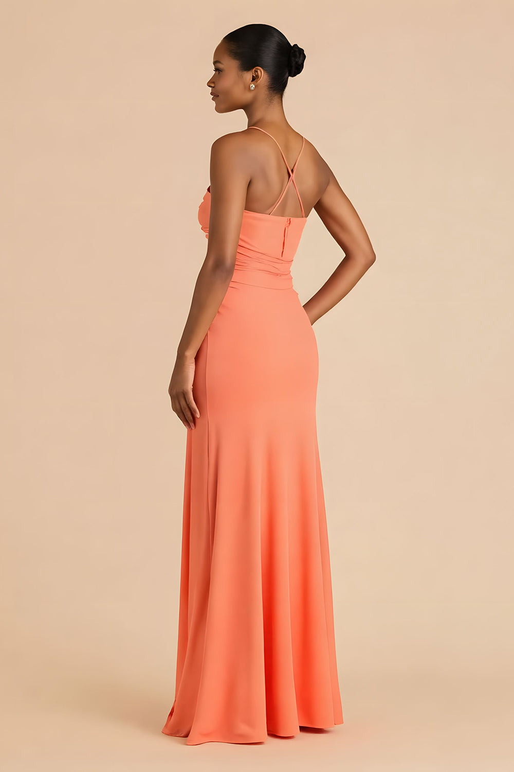 Sheath Chiffon Ruched Strapless Orange Maxi Bridesmaid Dress with Slit