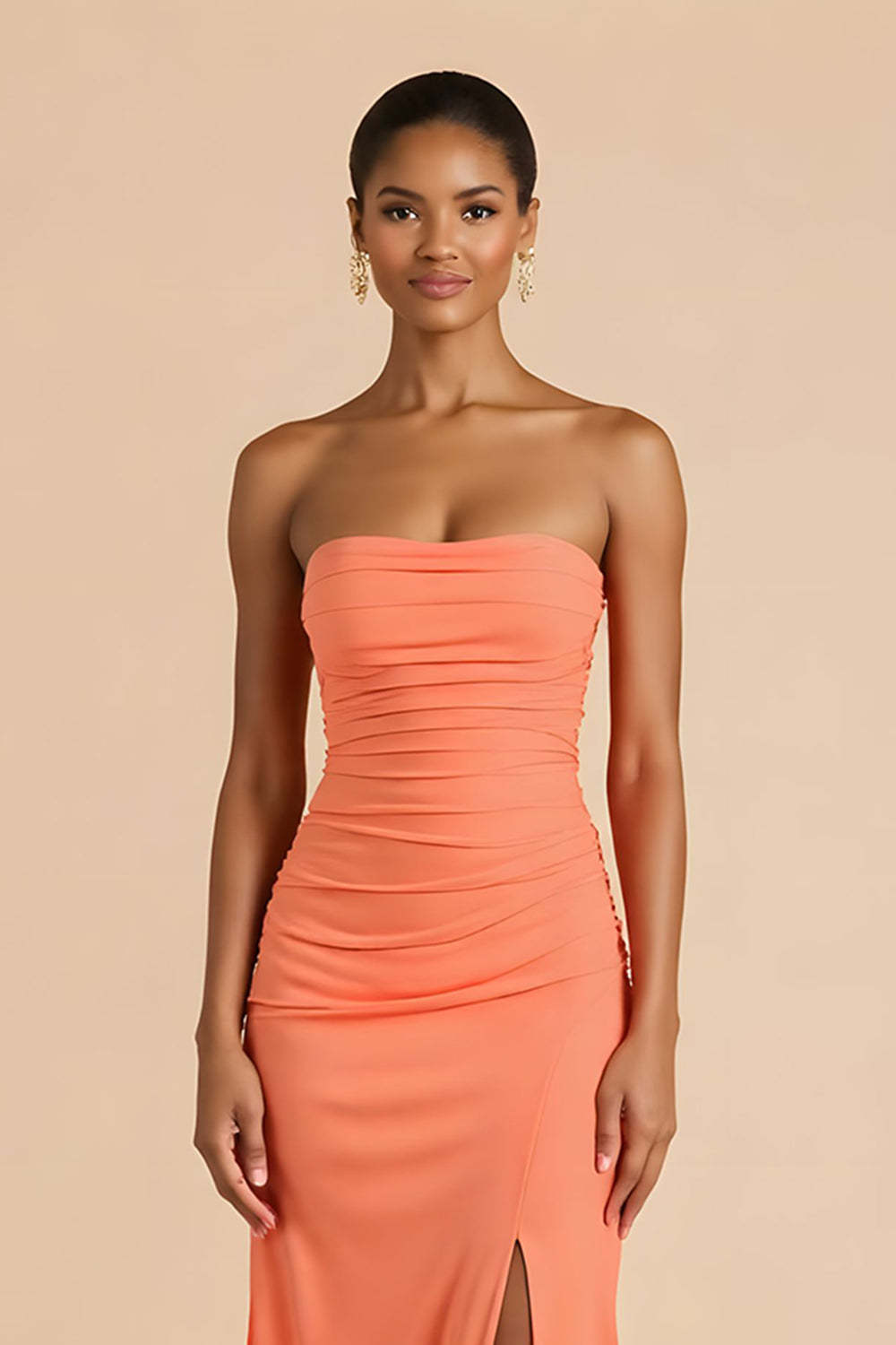 Sheath Chiffon Ruched Strapless Orange Maxi Bridesmaid Dress with Slit