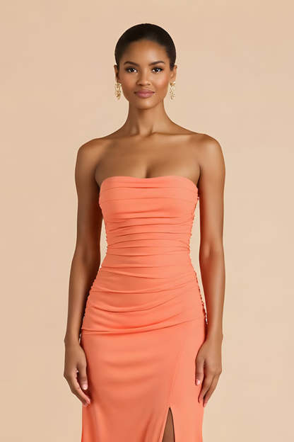Sheath Chiffon Ruched Strapless Orange Maxi Bridesmaid Dress with Slit
