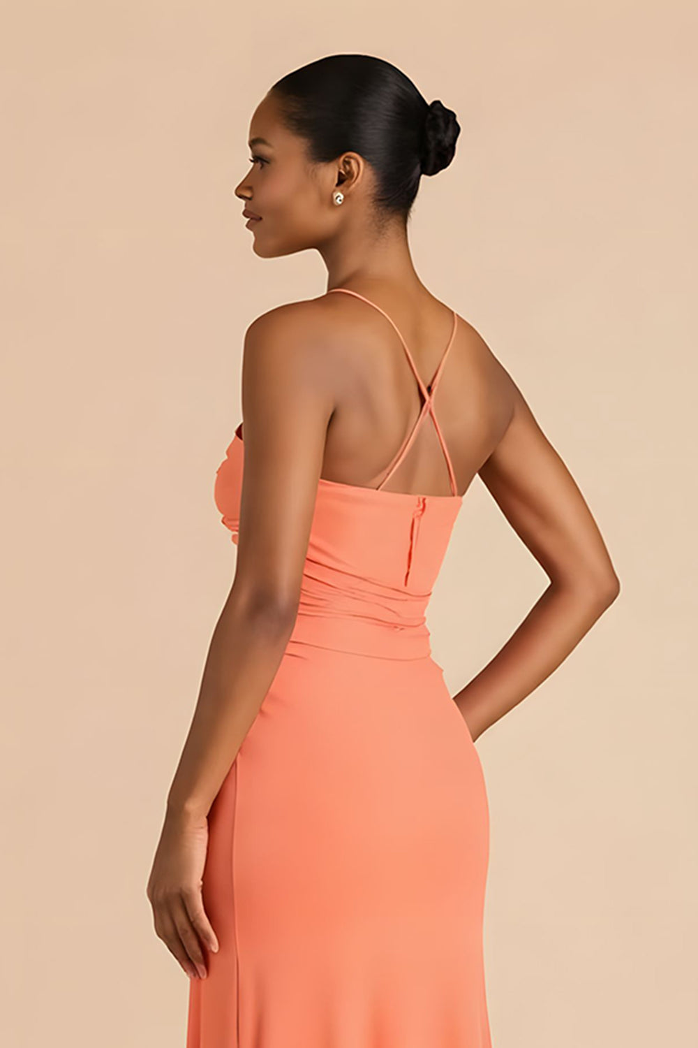 Sheath Chiffon Ruched Strapless Orange Maxi Bridesmaid Dress with Slit