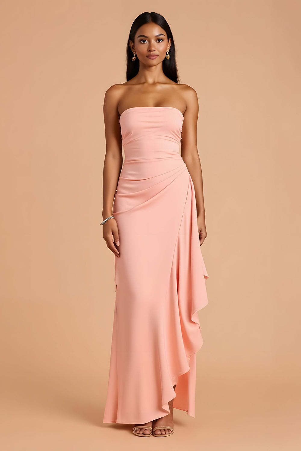 Leely Women Blush Chiffon Maxi Sheath Bridesmaid Dress with Ruffles Ruched Strapless Backless Wedding Guest Dress